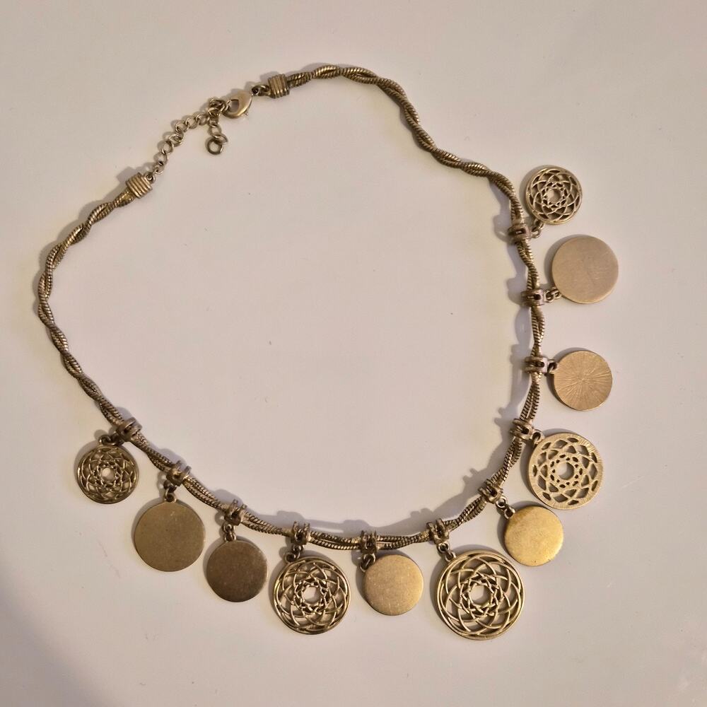 Gold Tone Snake Twist Chain Sacred Geometry Round Disc Necklace